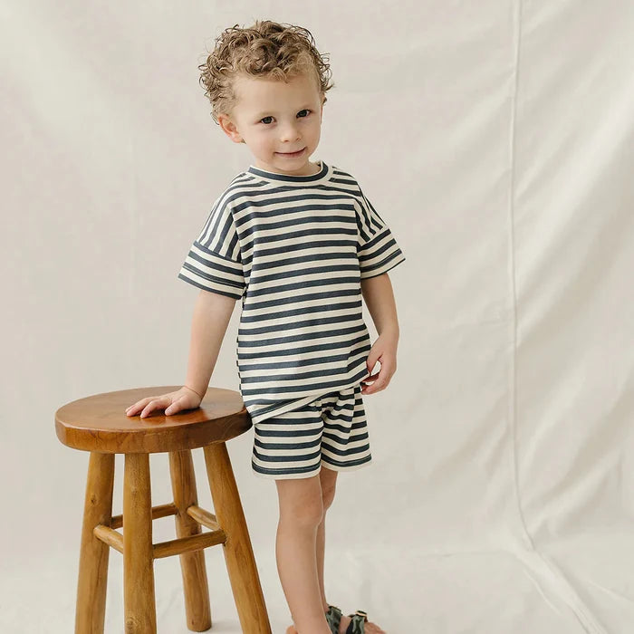Mebie Baby Button Short Set - Navy Stripe