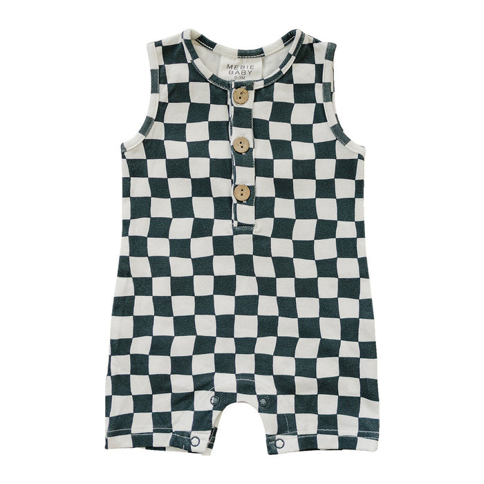 Mebie Baby Charcoal Wavy Checkered Short Romper