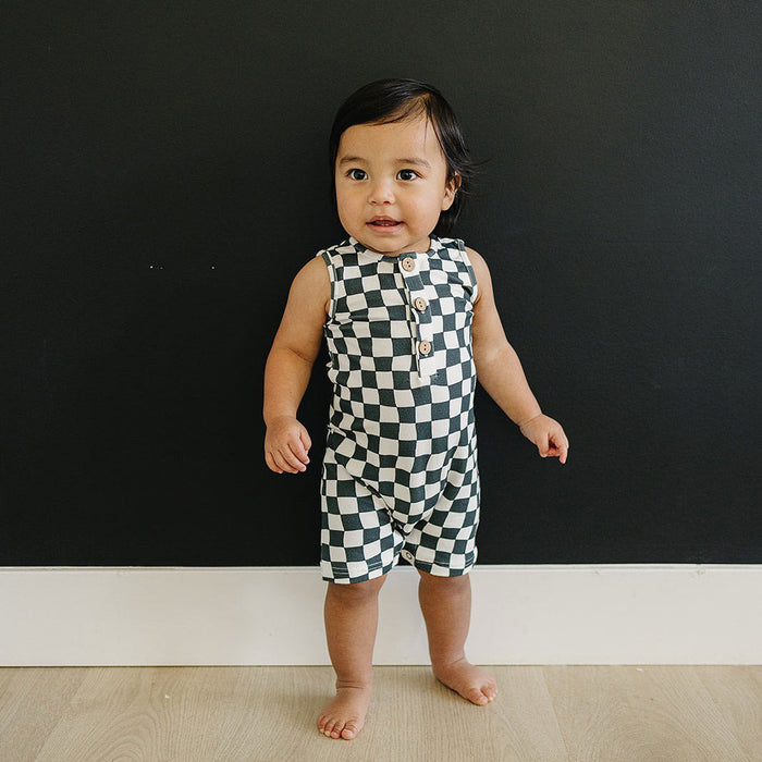 Mebie Baby Charcoal Wavy Checkered Short Romper