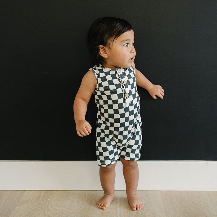 Mebie Baby Charcoal Wavy Checkered Short Romper