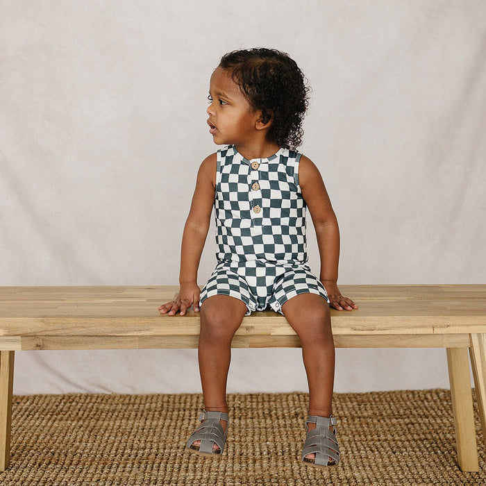 Mebie Baby Charcoal Wavy Checkered Short Romper