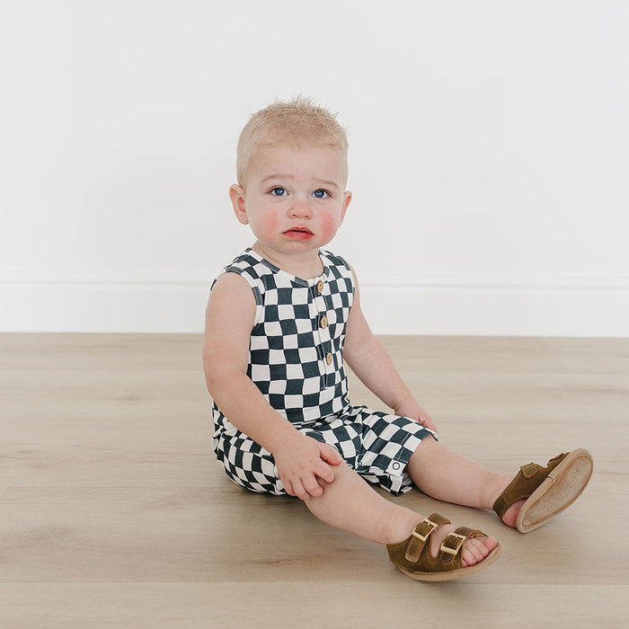 Mebie Baby Charcoal Wavy Checkered Short Romper