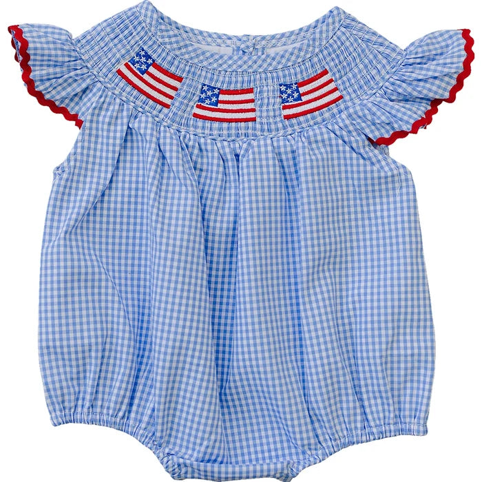 Mebie Baby Flag Gingham Smocked Bubble Romper