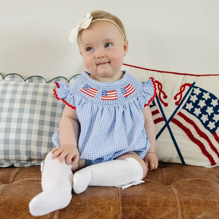 Mebie Baby Flag Gingham Smocked Bubble Romper