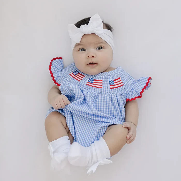 Mebie Baby Flag Gingham Smocked Bubble Romper