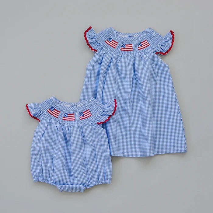 Mebie Baby Flag Gingham Smocked Bubble Romper
