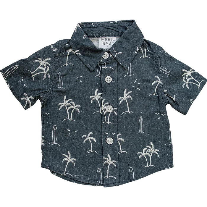 Mebie Baby Linen Button Up Shirt - Navy Surfer