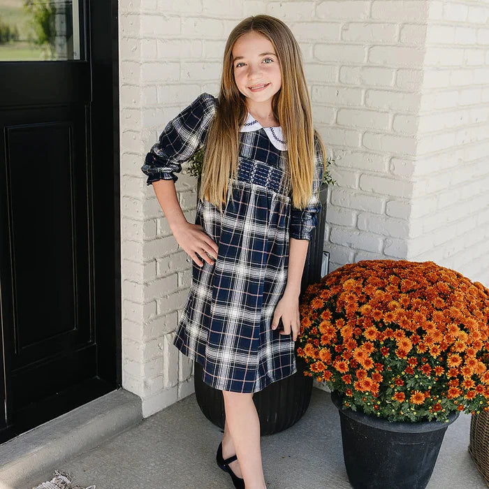 Mebie Baby Navy Plaid Smocked Dress