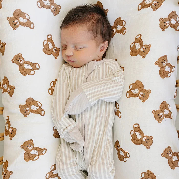 Mebie Baby Ribbed Bamboo Zipper Footie - Taupe Stripe