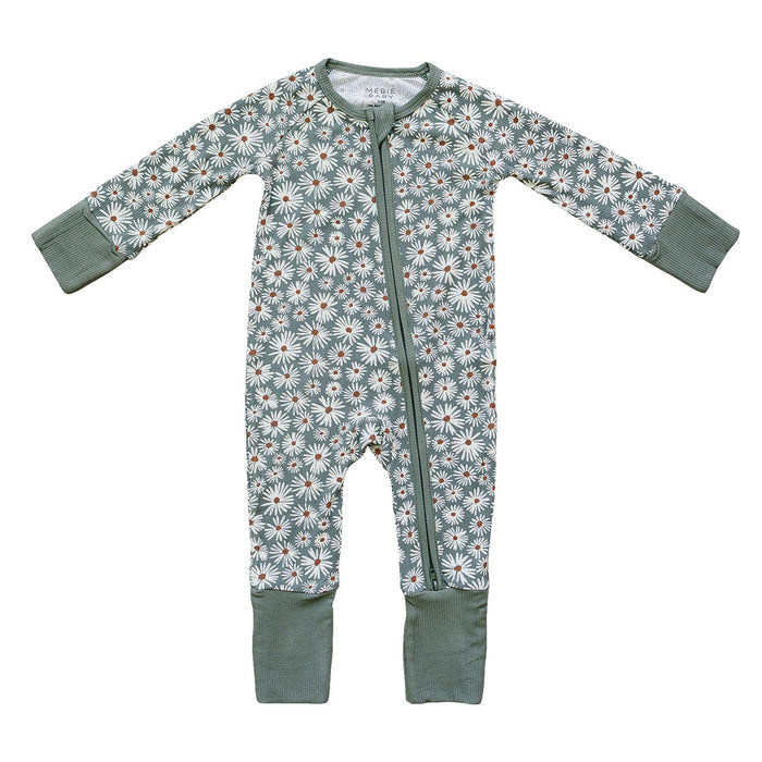 Mebie Baby Ribbed Bamboo Zipper Pajama - Dark Green Daisy