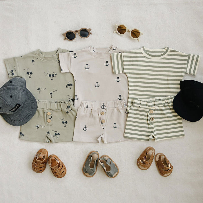 Mebie Baby Sage Stripe Button Short Set and Mebie Baby Palm Tree Button Short Set
