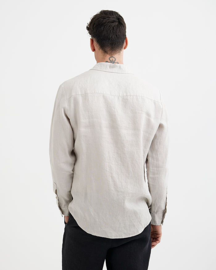 MagicLinen Natural flax European flax linen shirt, plain weave texture close-up