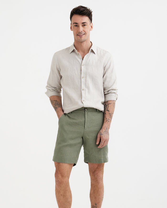MagicLinen Mist green MONTREAL Bermuda shorts, fitted mid-rise silhouette