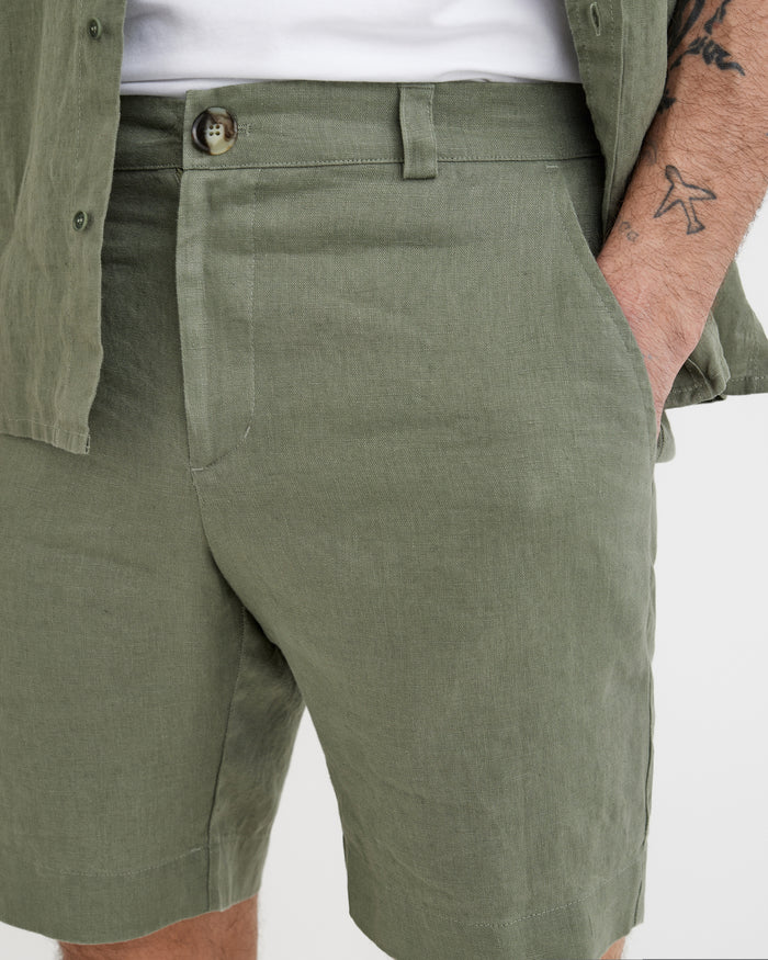 MagicLinen Mist green linen shorts with elasticated waistband and zip fly