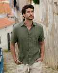 MagicLinen Mist green Men’s Short Sleeves Linen Shirt DENVER, 100% European flax linen 160 gsm plain weave modelBoxOn2