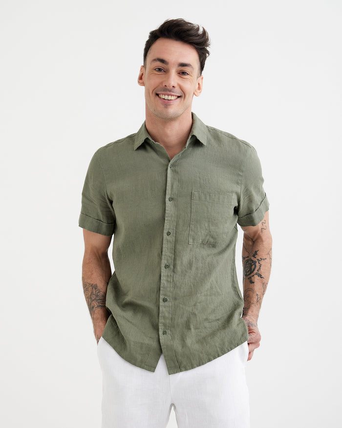 MagicLinen Mist green European flax linen shirt, plain weave texture close-up modelBoxOn