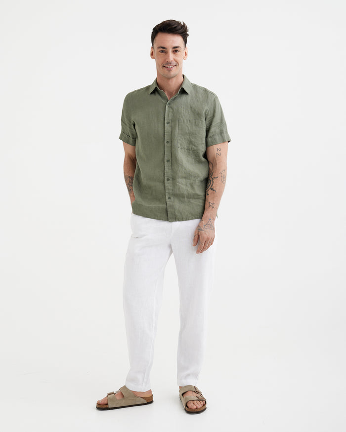 MagicLinen Mist green DENVER shirt styled with linen trousers for summer office wear