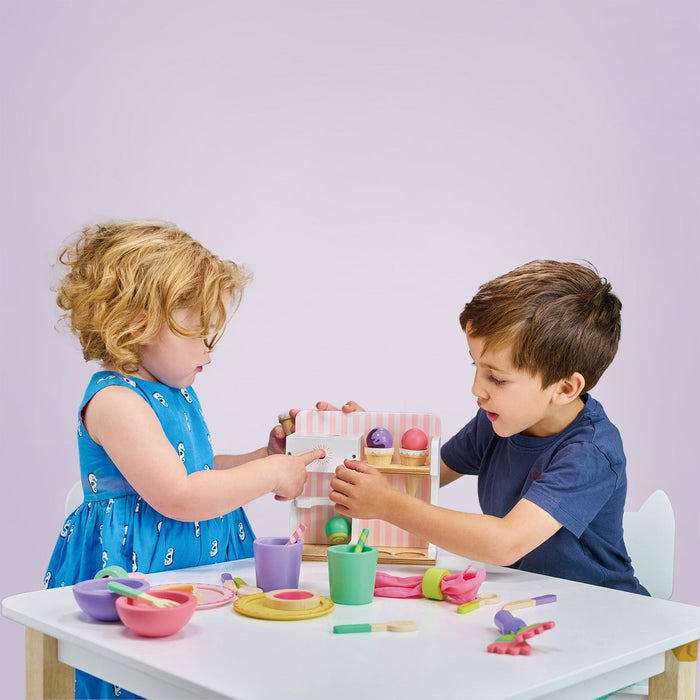 Boy and girl play with Mentari Toys Ice Cream Kiosk