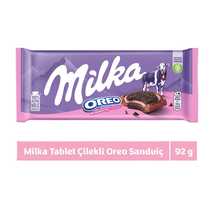 Experience the delightful fusion of creamy Milka Alpine milk chocolate, crunchy Oreo cookies, and a sweet strawberry filling with the Milka Oreo Sandwich Strawberry.