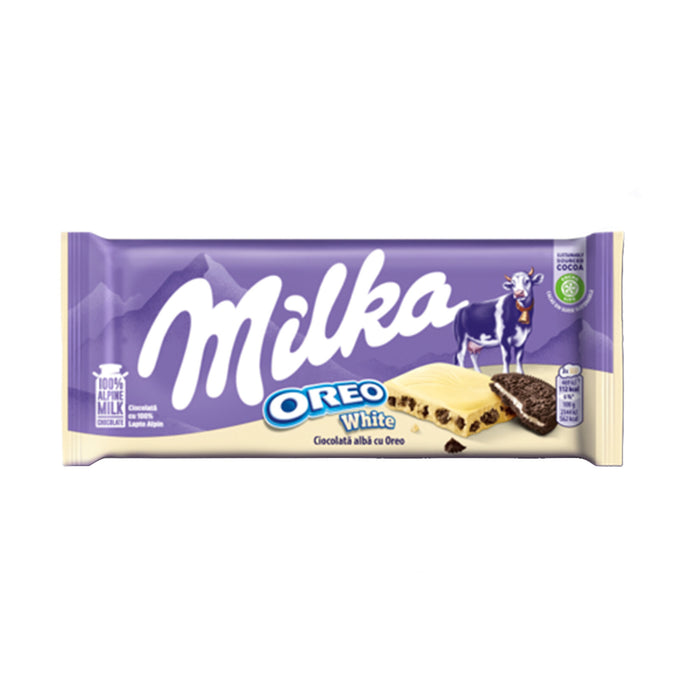 Experience the irresistible combination of smooth white Milka chocolate and crunchy Oreo cookie piec