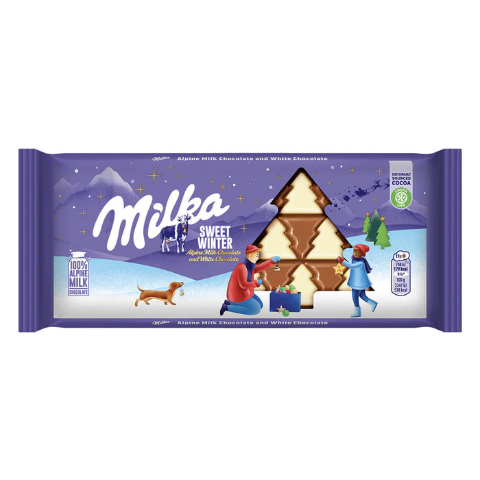 Experience the smooth and creamy taste of the Milka Milk and White Chocolate Bar, a delightful blend