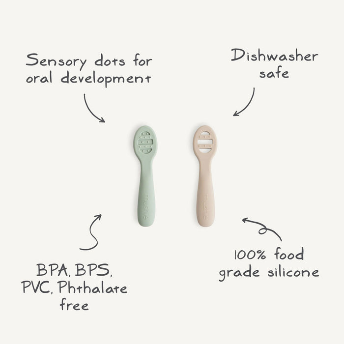 Mushie First Feeding Baby Spoons 2-Pack - Cambridge Blue / Shifting Sand