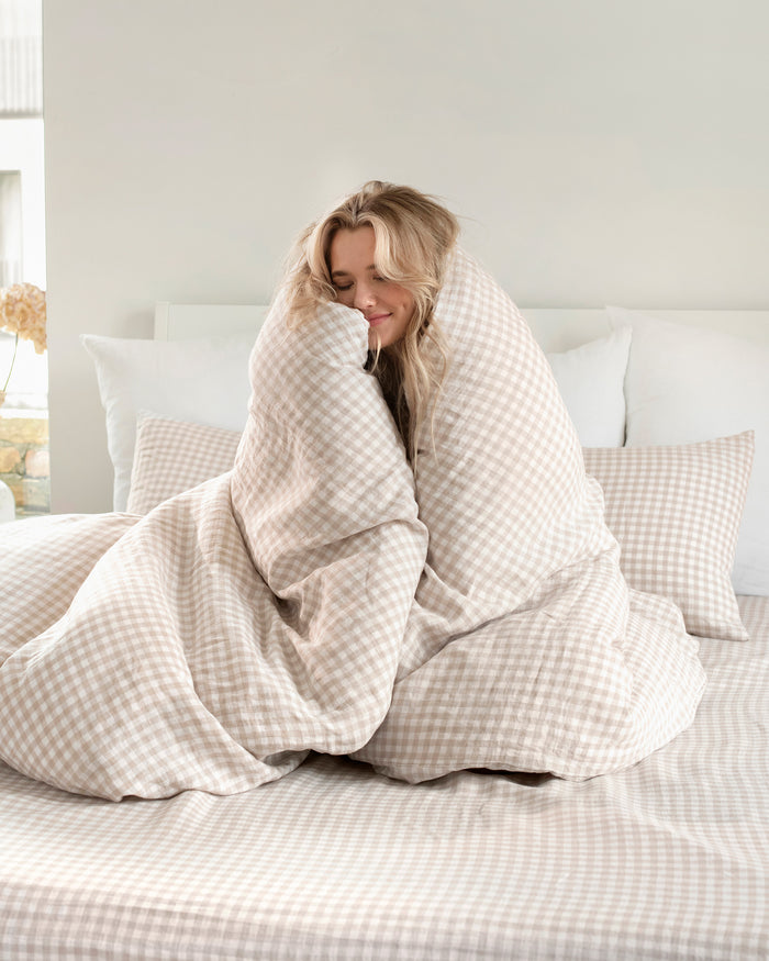 Natural gingham linen duvet cover set (3 pcs) - MagicLinen