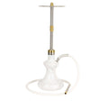 A white Oduman Hybrid V2 hookah shisha nargile with a glass base, stainless steel stem, and a gold-colored hookah tube.