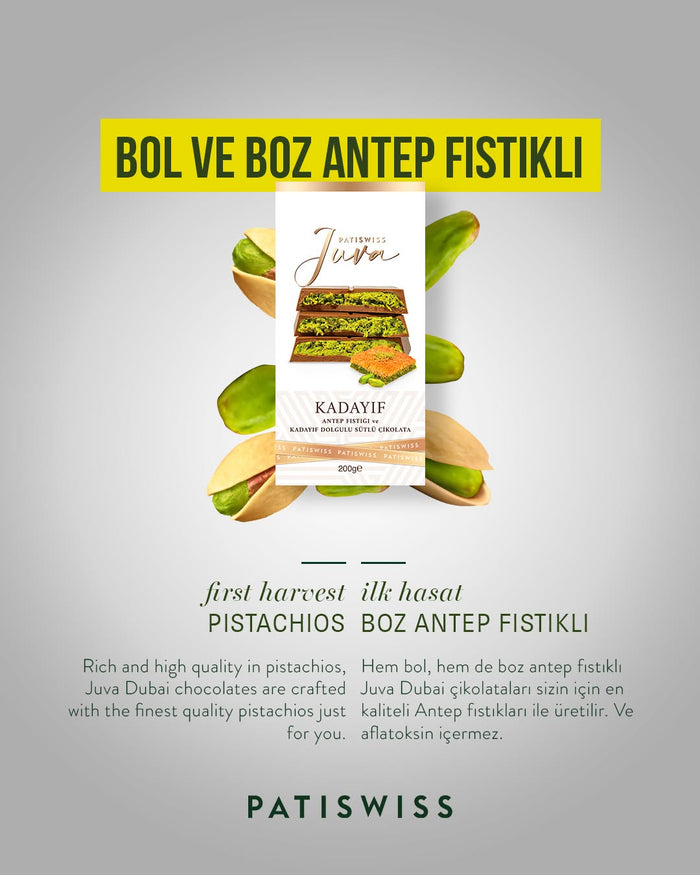 Patislove Patiswiss Juva Luxury Premium Dubai Chocolate- Viral Knafeh Chocolate with Pistachio and Kadayif 7 oz (200g)