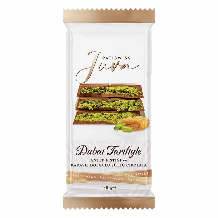 Discover the rich and luxurious taste of Patiswiss Milk Chocolate Bar with Pistachio and Kadaif Filling.