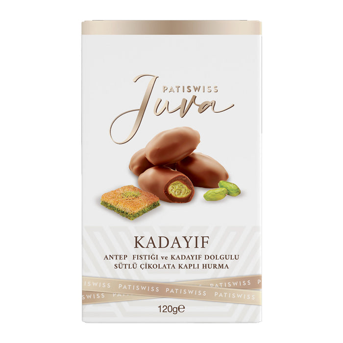Discover the rich taste of Patiswiss Juva Pistachio Filled Milk Chocolate Dates, a premium Turkish treat that blends natural dates with creamy milk chocolate and a luscious pistachio cream filling.