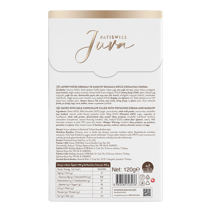 Discover the rich taste of Patiswiss Juva Pistachio Filled Milk Chocolate Dates, a premium Turkish treat that blends natural dates with creamy milk chocolate and a luscious pistachio cream filling.