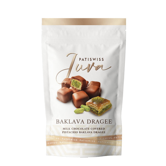 Patiswiss Juva Milk Chocolate Covered Pistachio Baklava Dragee brings together the rich, layered texture of traditional baklava and smooth milk chocolate in a bite-sized treat.