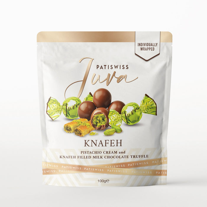 Patiswiss Milk Chocolate Truffle with Pistachio Cream & Kunefe Filling brings together the richness of premium milk chocolate, the nutty delight of pistachio cream, and the unique sweetness of traditional kunefe.