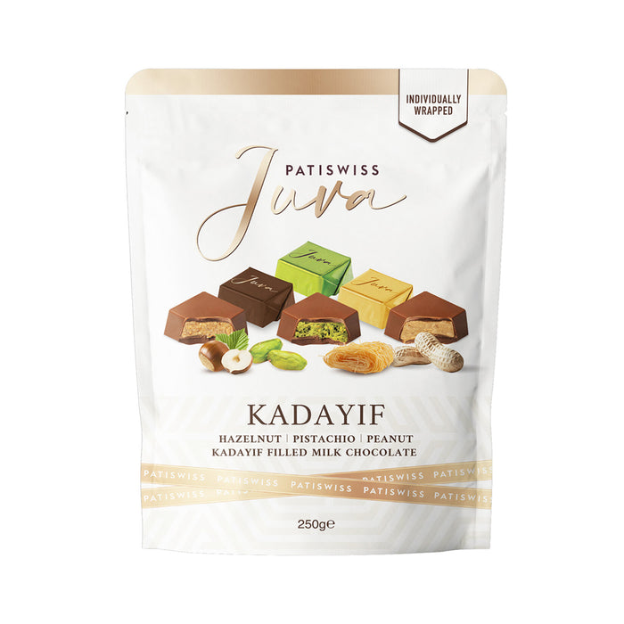Patiswiss Mini Juva Mixed Filled Milk Chocolate brings together three rich flavors in one irresistible assortment: pistachio cream, peanut cream, and hazelnut cream, all wrapped in smooth milk chocolate and finished with a crispy kadayif crunch.