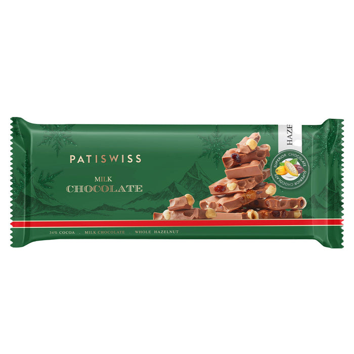 Experience the rich, smooth taste of Patiswiss Whole Hazelnut Raisin Milk Chocolate Bar, a premium treat crafted in Türkiye.