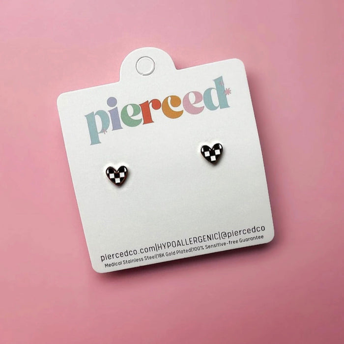 Pierced Co Heart Screw-Back Child Earrings - Checkered - Black / White