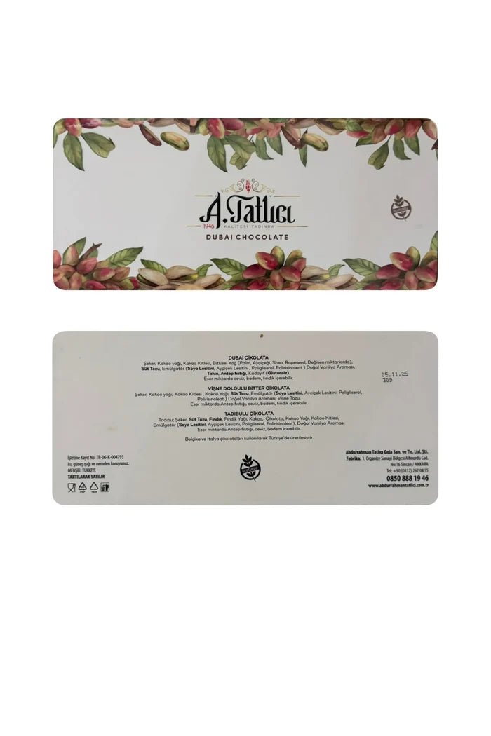 Premium Quality Dubai Chocolate Abdurrahman Tatlıcı Gluten-Free Chocolate (Glutensiz Dubai Çikolatası) 8.8 oz (250 G)
