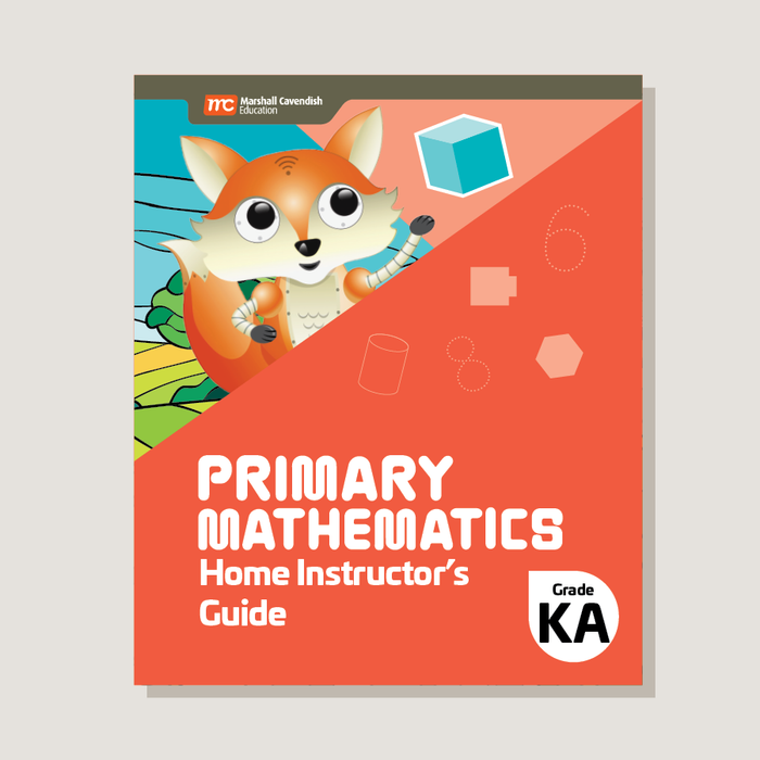 Cover of the 'Primary Mathematics Home Instructor's Guide' featuring a cartoon fox with a die and geometric shapes, and the text 'PRIMARY MATHEMATICS Home Instructor's Guide Grade KA'.
