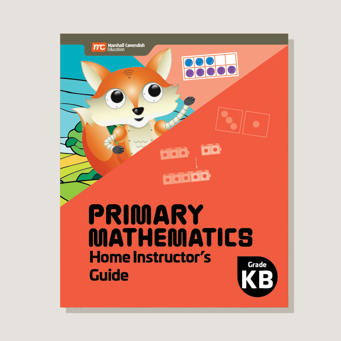 Cover of the 'Primary Mathematics Home Instructor's Guide' featuring a cartoon fox with a die and mathematical symbols, indicating it is for Grade KB (Kindergarten).
