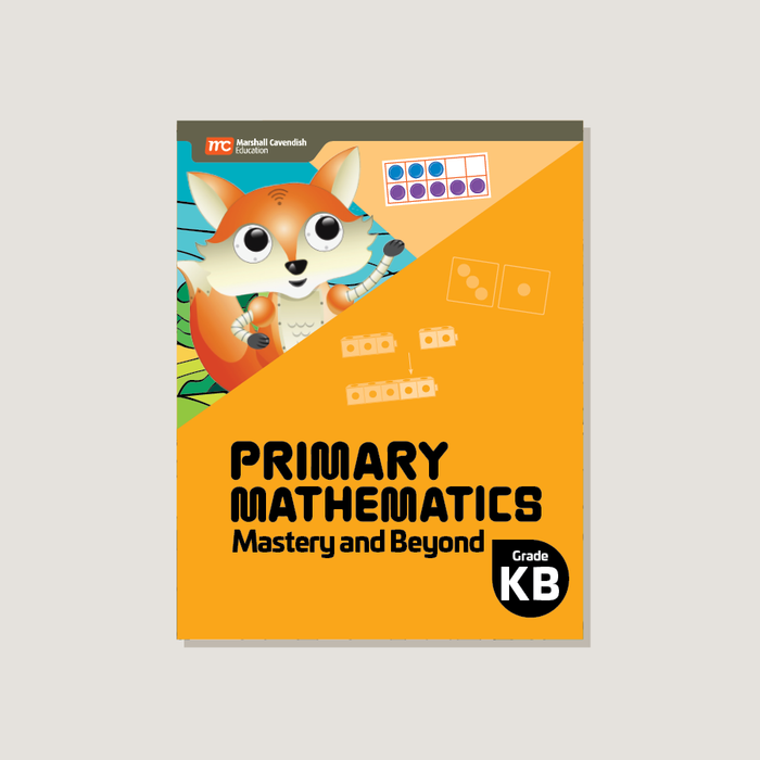 Cover of 'Primary Mathematics Mastery and Beyond' workbook for Grade KB, featuring an illustration of a smiling fox with a die and mathematical symbols, with an orange and yellow color scheme.
