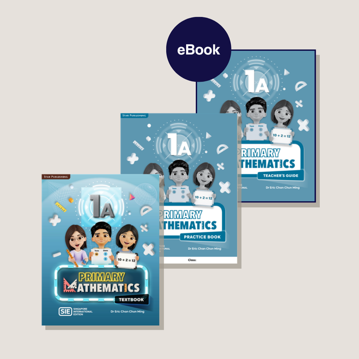 Set of Primary Mathematics books including textbook, practice book, and teacher's guide on a light gray background.