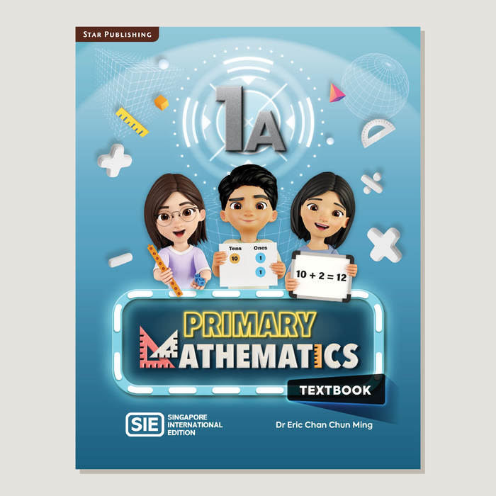 Textbook cover of Primary Mathematics SIE 1A with cartoon characters holding addition manipulatives and objects on a blue background