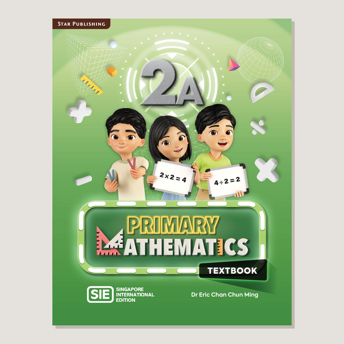 Textbook cover of Primary Mathematics 2A with cartoon characters holding multiplication and division objects on a light green background