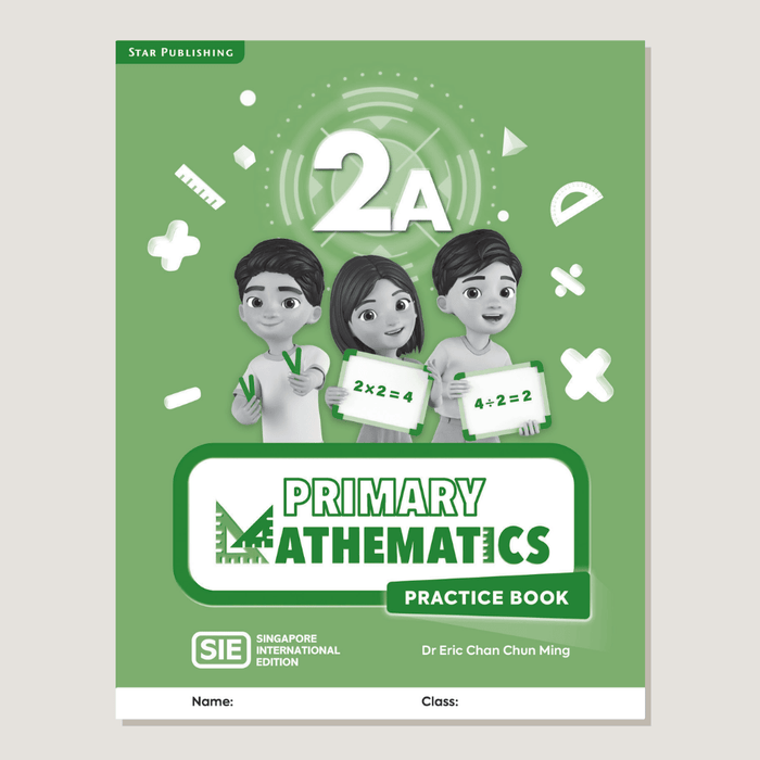 Practice book cover of "2A Primary Mathematics SIE" with cartoon characters holding multiplication objects on a light green background