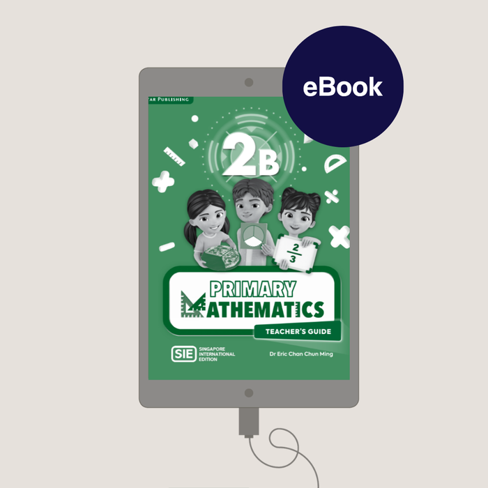 eBook cover for 'Primary Mathematics Teacher's Guide 2B' on a tablet with a green background