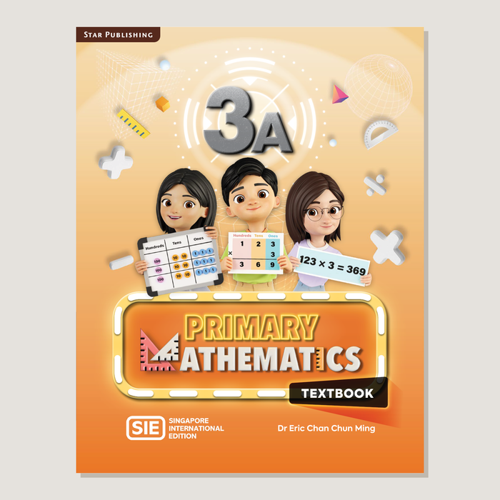 Textbook cover of Primary Mathematics SIE 3A with cartoon characters holding multiplication tables on an light orange background