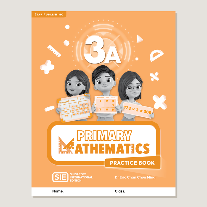 Practice book cover of "3A Primary Mathematics SIE" with cartoon characters holding multiplication tools with a orange background