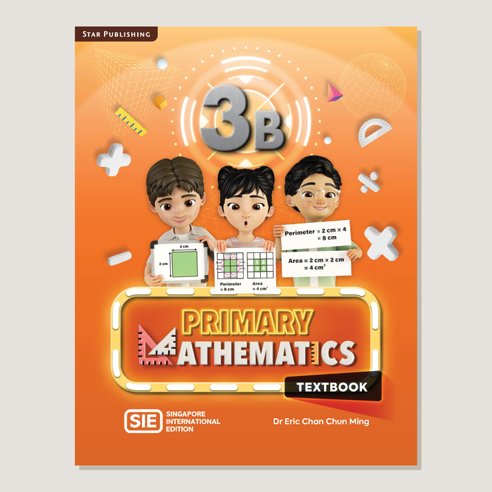 Textbook cover of Primary Mathematics SIE 3B with cartoon characters holding measuring objects on an orange background