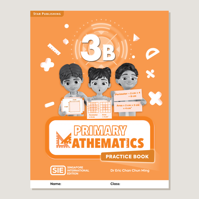 Practice book cover of "3B Primary Mathematics SIE" with cartoon characters holding geometry objects on an orange background